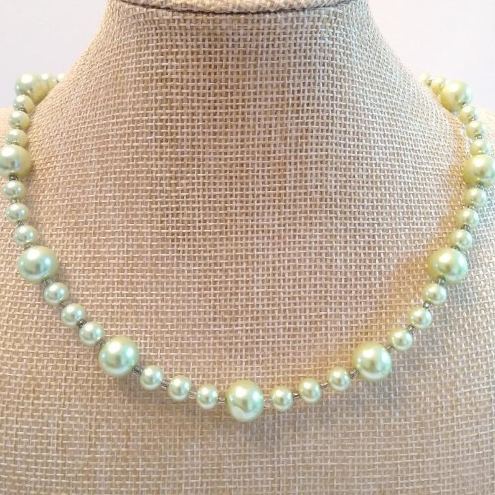 Green Faux Pearl Necklace with Heart shaped Silver Tone Clasp